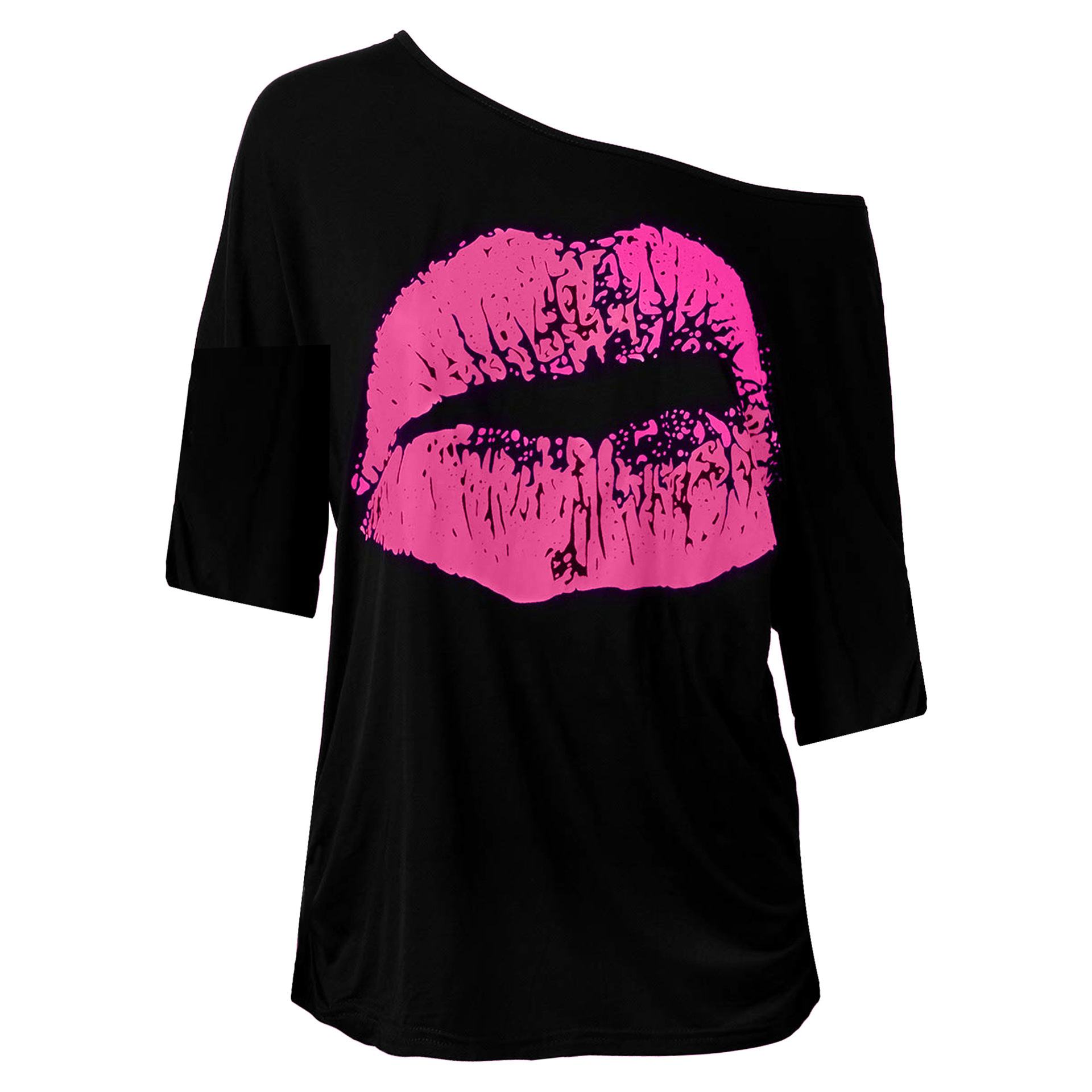 Amazon European and American Spring and Autumn Women's Cross-border Nostalgia Big Lips Printing 80 s Clothing Women's Slant Shoulder Mid-sleeve T-shirt