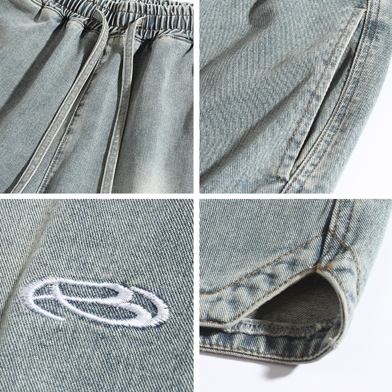 Hanlu men's hem triangle split design Denim shorts men's summer new fashion embroidered loose shorts