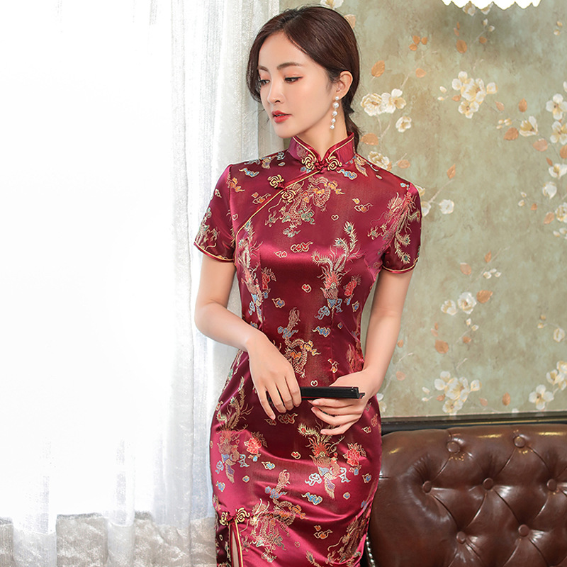 Cheongsam modified women's 2024 spring new short sleeve long brocade young Chinese style slim dress wholesale