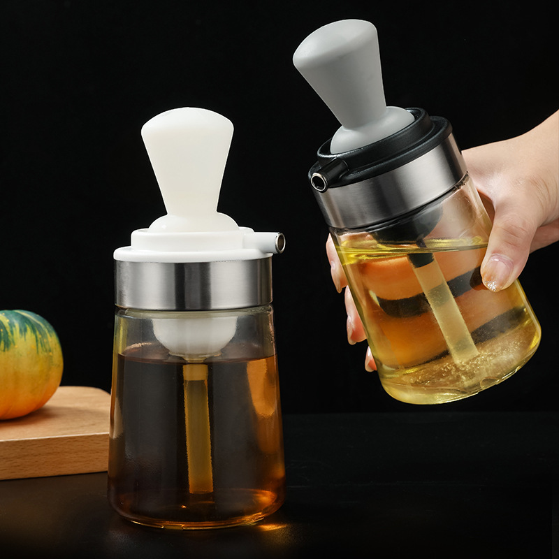 Kitchen Extrusion Silicone Brush Head Bottle Brush Inverted Integrated Stainless Steel Transparent Glass Oil Pot Oil Control Bottle Soy Sauce Vinegar Bottle