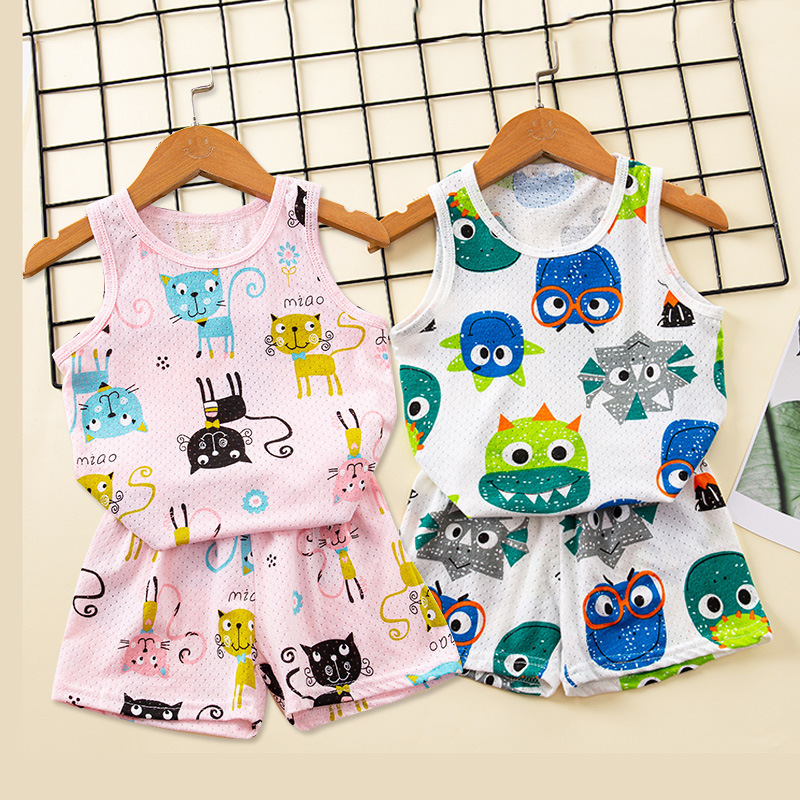 Summer New Children's Mesh Printed Vest Shorts Set Small and Medium-sized Boys and Girls Pure Cotton Breathable Base Home Clothes