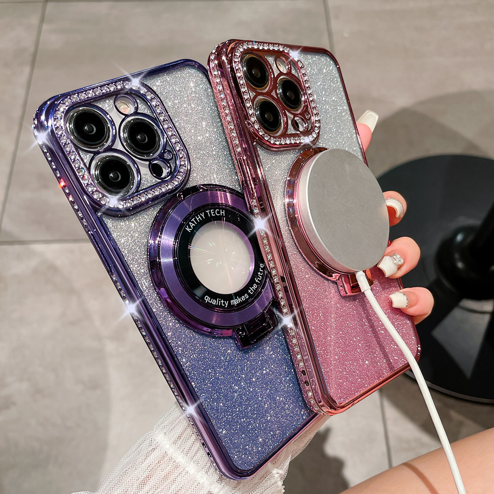 適用iphone15PROMAX手機殼電鍍水鑽磁吸支架蘋果14閃粉tpu保護套