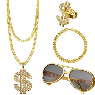 cosplay Hip Hop Trendy Retro Punk Dollar Necklace Exaggerated Big Gold Chain Fisherman Hat Party Men Dress Up