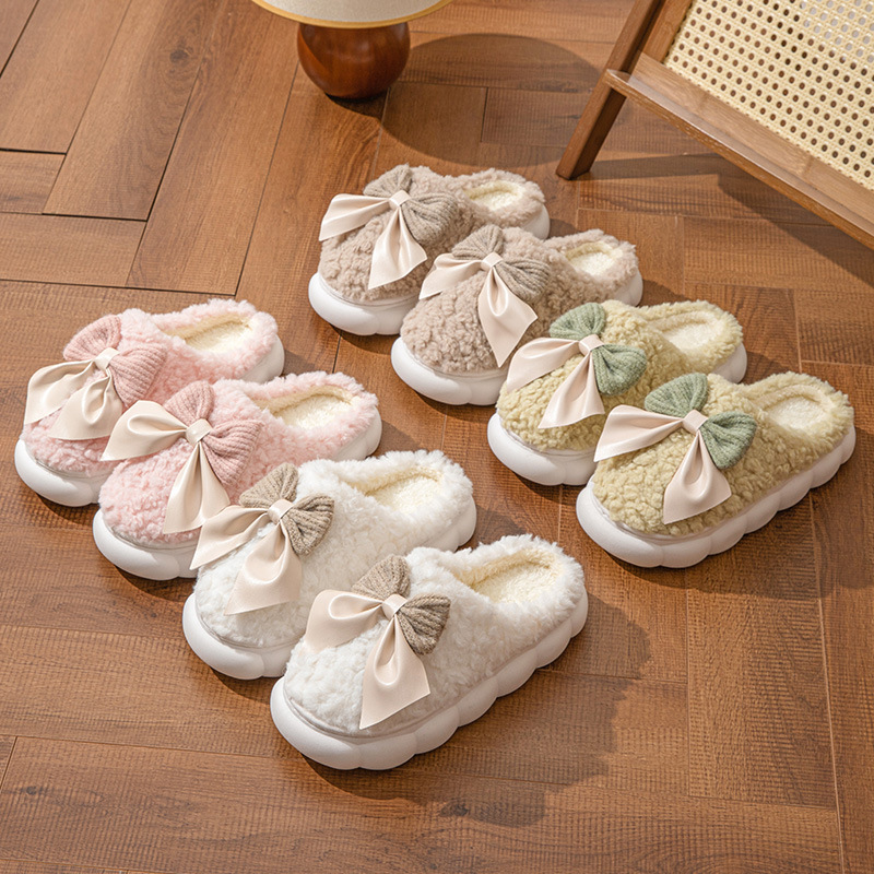 Women's Cotton Slippers Women's Outer Wear Bow Slippers Autumn and Winter Warm Women's Thick Bottom Non-Slip Home Plush Slippers