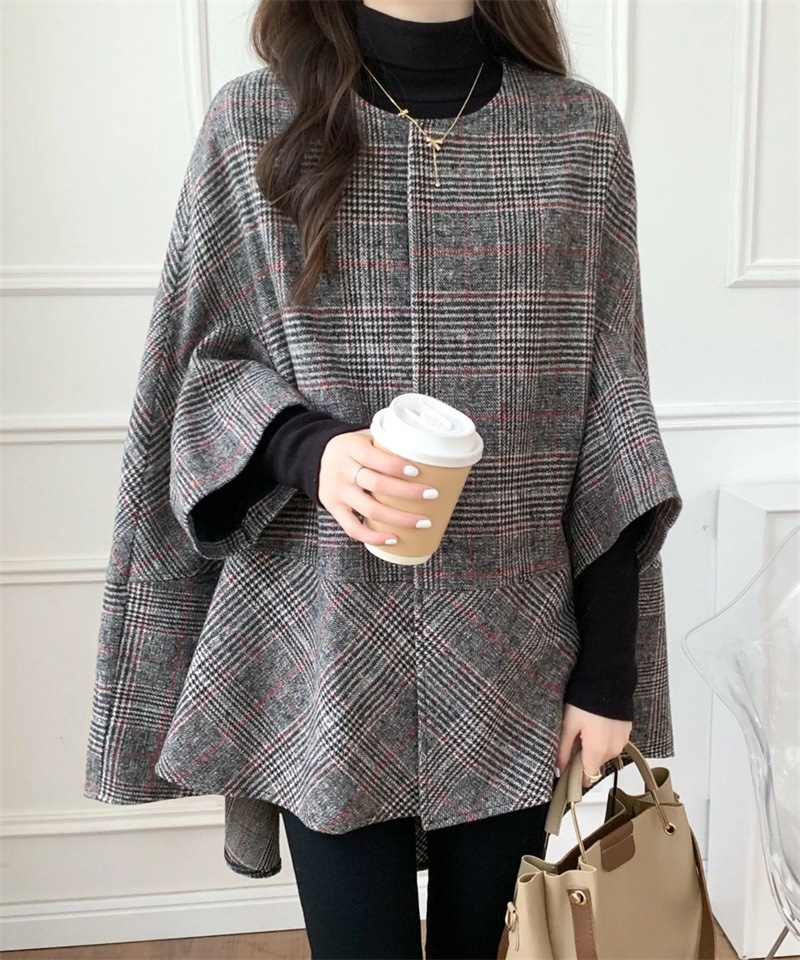 Mid-length cardigan round neck plaid coat cape for women 2024 autumn and winter New Korean style fashion trendy coat for women_voghion.com