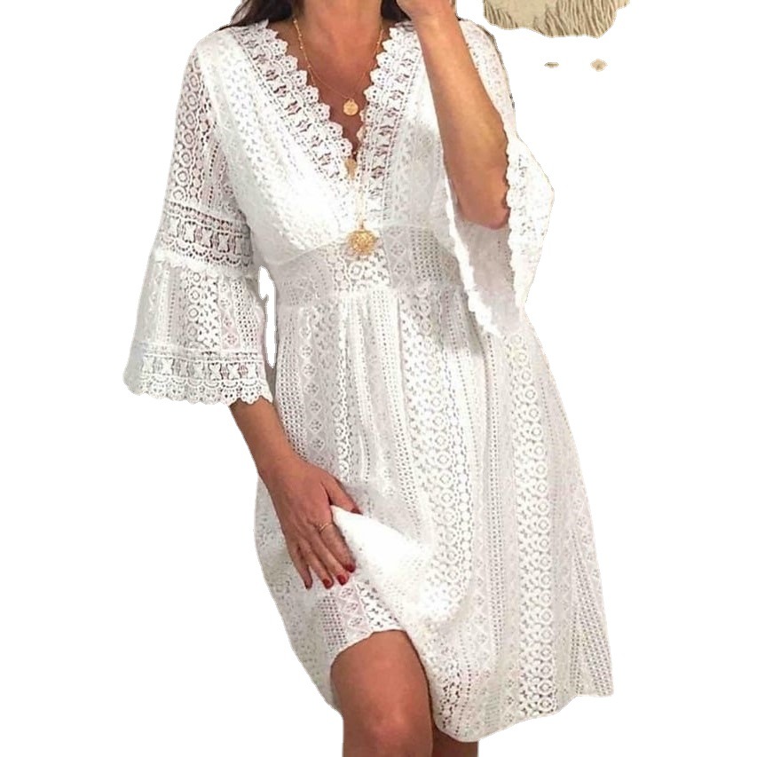 Amazon 2023 Spring New Lace Dress European and American Foreign Trade V-Neck Hollow Lace Flare Sleeve Dress