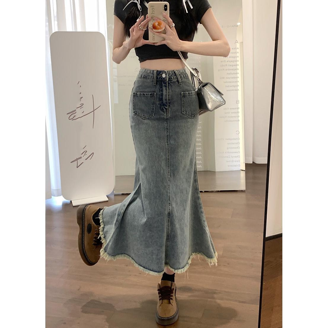 Raw edge denim skirt women's spring and autumn new high-waist slim fishtail skirt hip-covering skirt A-line skirt mid-length skirt