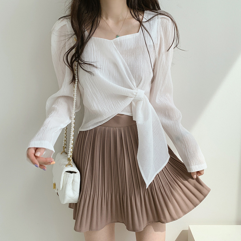 Spring and Autumn Top Design Sense Fashion 2023 Korean Style Square Collar Shirt Bubble Long Sleeve Strap Slim Elegant Shirt for Women