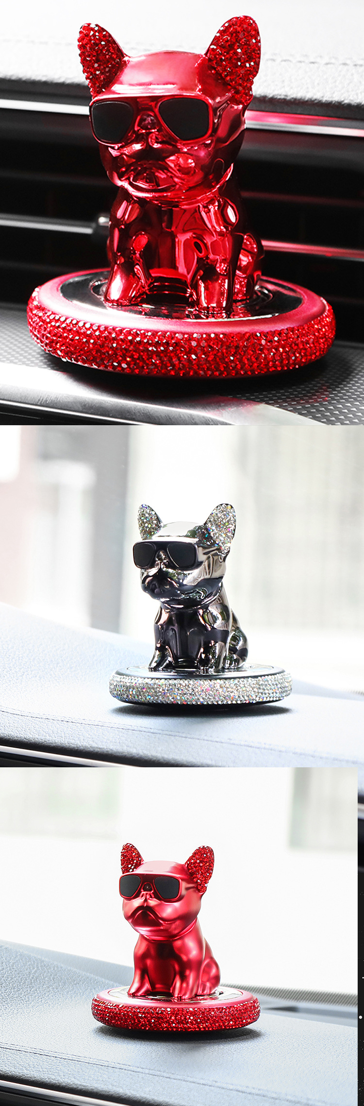 Diamond-encrusted sunglasses shaking head dog car perfume ornaments with diamond Bulldog car solid aromatherapy car interior decorations_voghion.com
