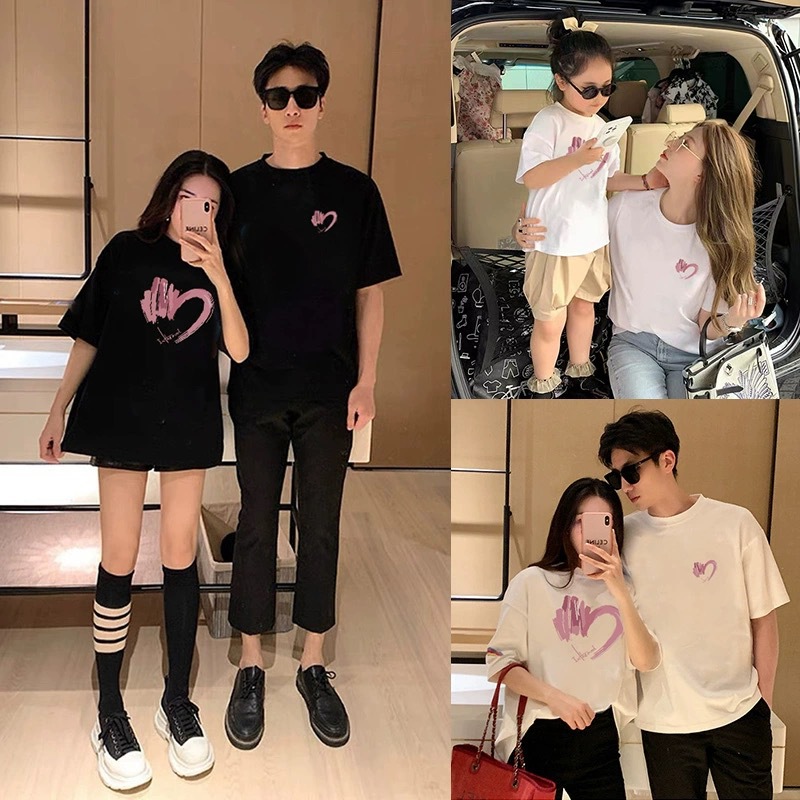 Net Celebrity Fried Street 2023 Summer Parent-Child Suit High-end Mother and Child Mother and Daughter Baby Family of Three or Four Love Short Sleeve T-shirt