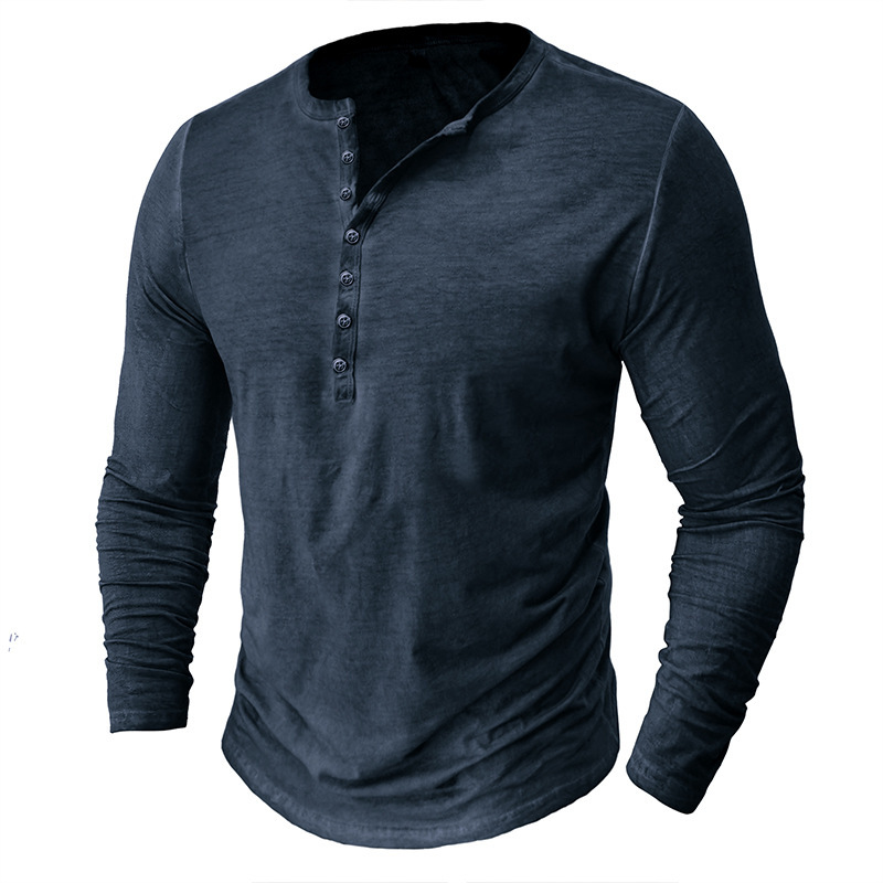 Amazon Men's Tie-Dye Henry Slim-fit Retro Long-sleeved T-shirt Foreign Trade Button Washed Old V-neck Men's T-shirt