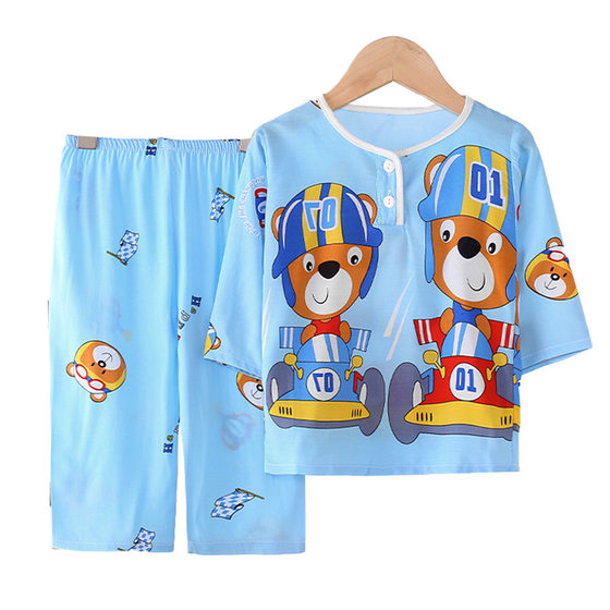 Children's Long Sleeve Pants Pajamas Wholesale Cotton Silk Sleeping Boys and Girls Baby Air Conditioning Home Suit Summer Cotton Silk