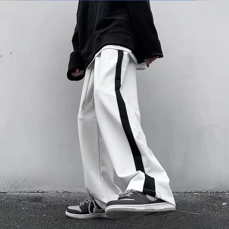 Side Stripe Contrast Cropped Casual Pants Men's Wide Leg Loose Straight Pants Korean Fashionable Student Sports Long Pants