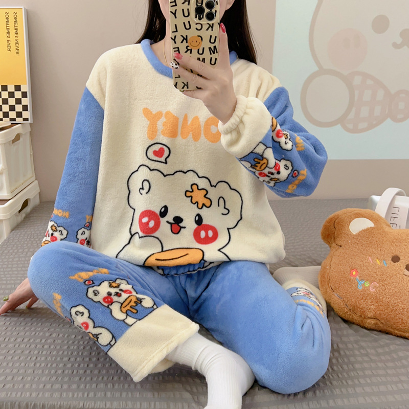 New autumn and winter pajamas flannel thickened women's sweet cartoon casual long-sleeved pajamas women's coral velvet home wear set