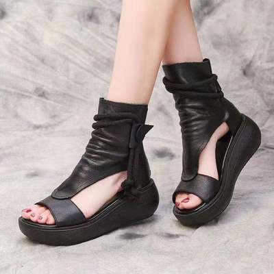 2023 New High-top Heeled Wedge Sandals Women's Summer Casual Fashionable Soft Leather Thick Peel-toe Sandals