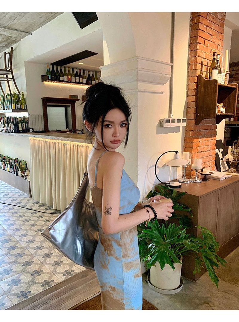 Blue Sling Spice Girl Dress Women's Summer New Tie-Dye Sexy Style Design Split Hip Long Dress