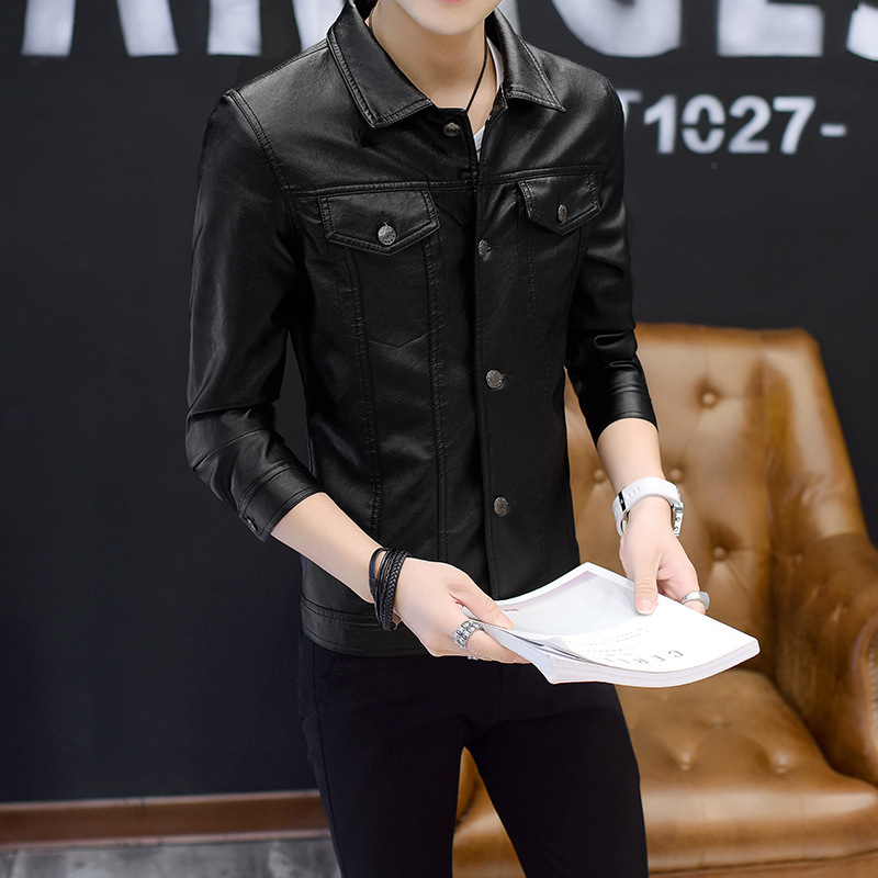 Men's Leather Jacket Autumn and Winter New Korean Style Slim-fit Trendy Handsome Fashion Casual Lapel Leather Jacket Coat for Youth