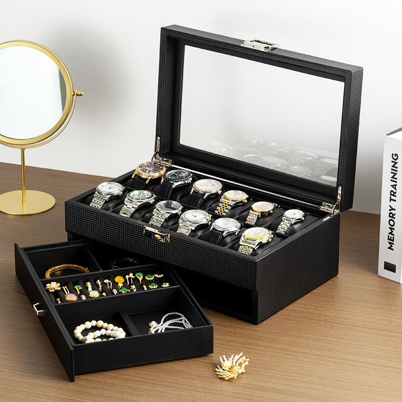 Watch Jewelry Box Double Layer 12 Table Carbon Fiber PU Jewelry Box Watch Display Box Storage Box Desktop Storage Box
