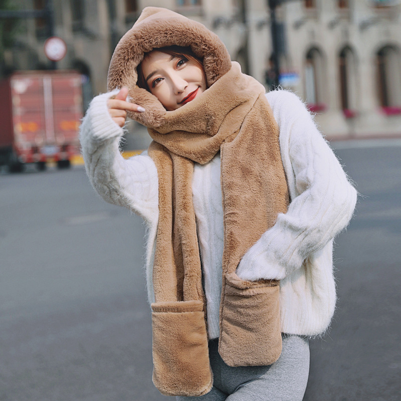 2024 Korean Style Solid Color Imitation Rabbit Hair Hooded Scarf Autumn and Winter Scarf Hat Gloves Three-piece Set Warm Scarf