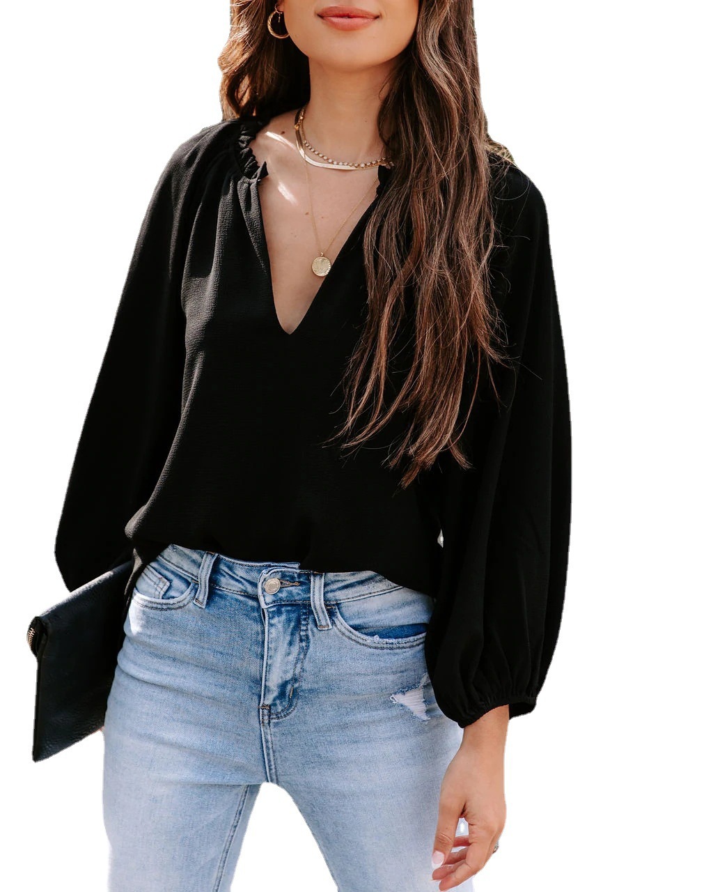 European and American Cross-border Spring and Summer New Women's Cool Long-sleeved Shirt Solid Color Casual V-neck Loose Top Women's Clothing