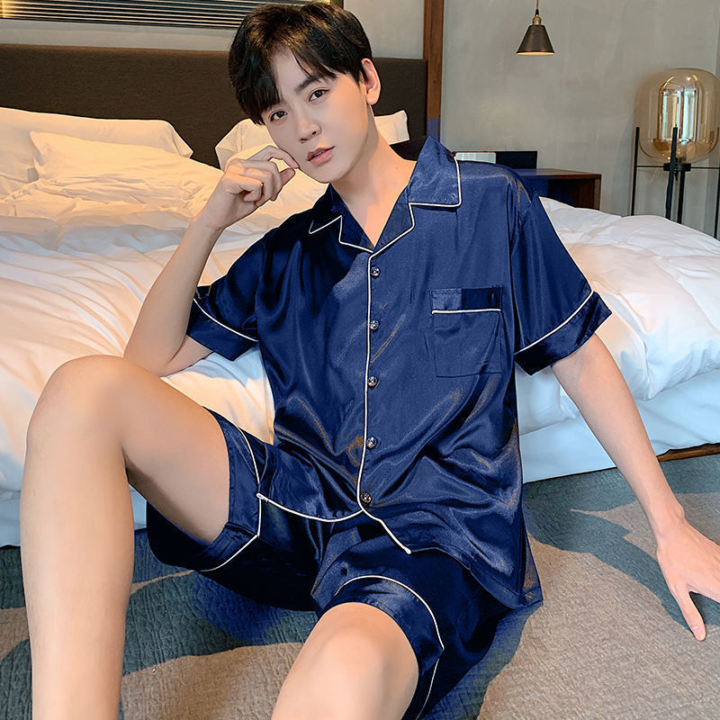 Pajamas Men's Summer Short-sleeved Shorts Ice Silk Thin Korean Style Cartoon Men's Silk Home Clothes Two-piece Suit plus size