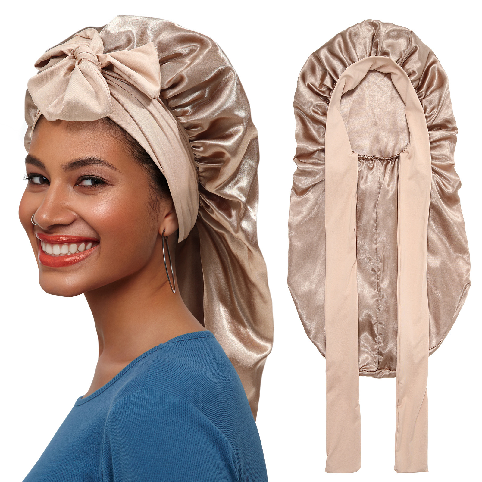 Women's solid color satin long nightcap beauty makeup cap headscarf cap elastic bandage elastic nightcap wide-brimmed shower cap