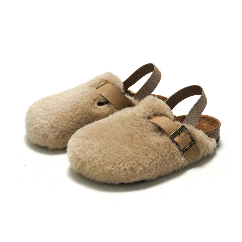 RUIZUSTOCK Autumn/Winter New Arrival Kids Soft Cork Slipper Outer Wear for Both Boys and Girls, Fleece Surface with Rabbit Fur, Warm and Comfortable Slides