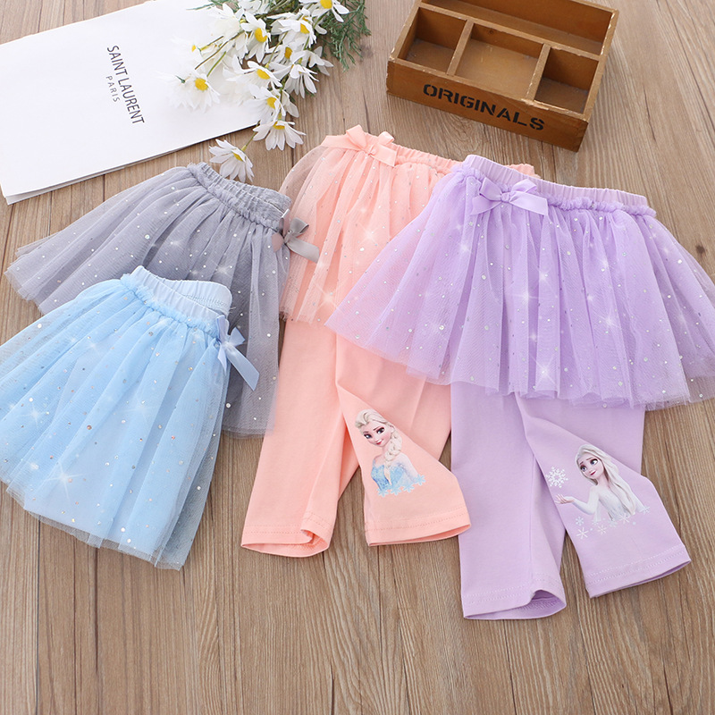 2024 children's clothing summer new girls' cropped culottes leggings outer wear fake two-piece mesh ins one-piece delivery