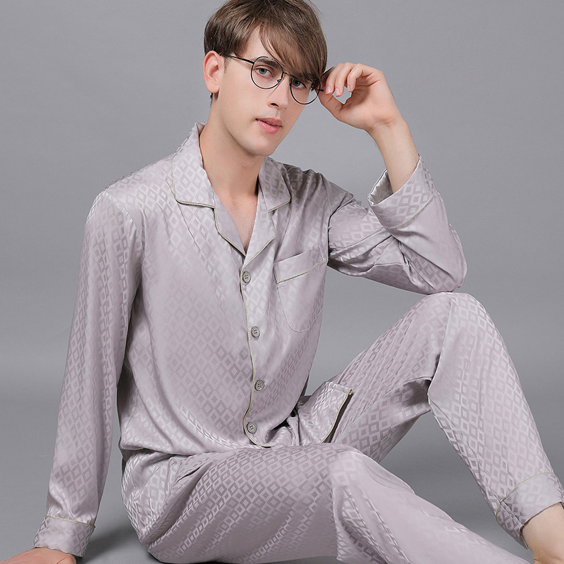 2024 long-sleeved men's spring and autumn pajamas silk thin men's ice silk home wear suit artificial silk wholesale