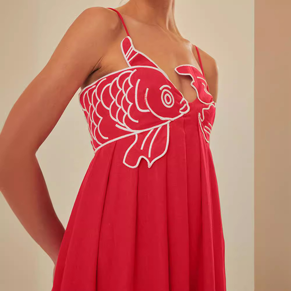 Europe and the United States cross-border 2024 summer new fashion elegant red fish-shaped top long dress backless skirt