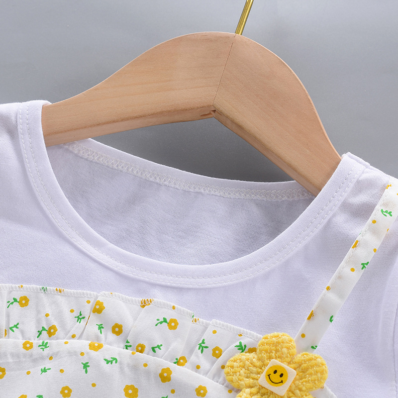 Girls' dress 2025 Summer New Short-sleeved Thin Western Style Baby Girl Fake Two-piece Strap Floral Dress