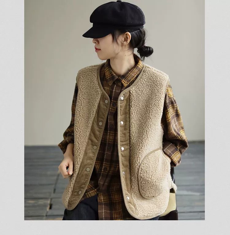 Gilet in pelliccia di agnello bifacciale per donna autunno e inverno Nuovo gilet retrò artistico ampio in velluto a coste cappotto positivo e negativo cappotto imbottito in cotone_voghion.com