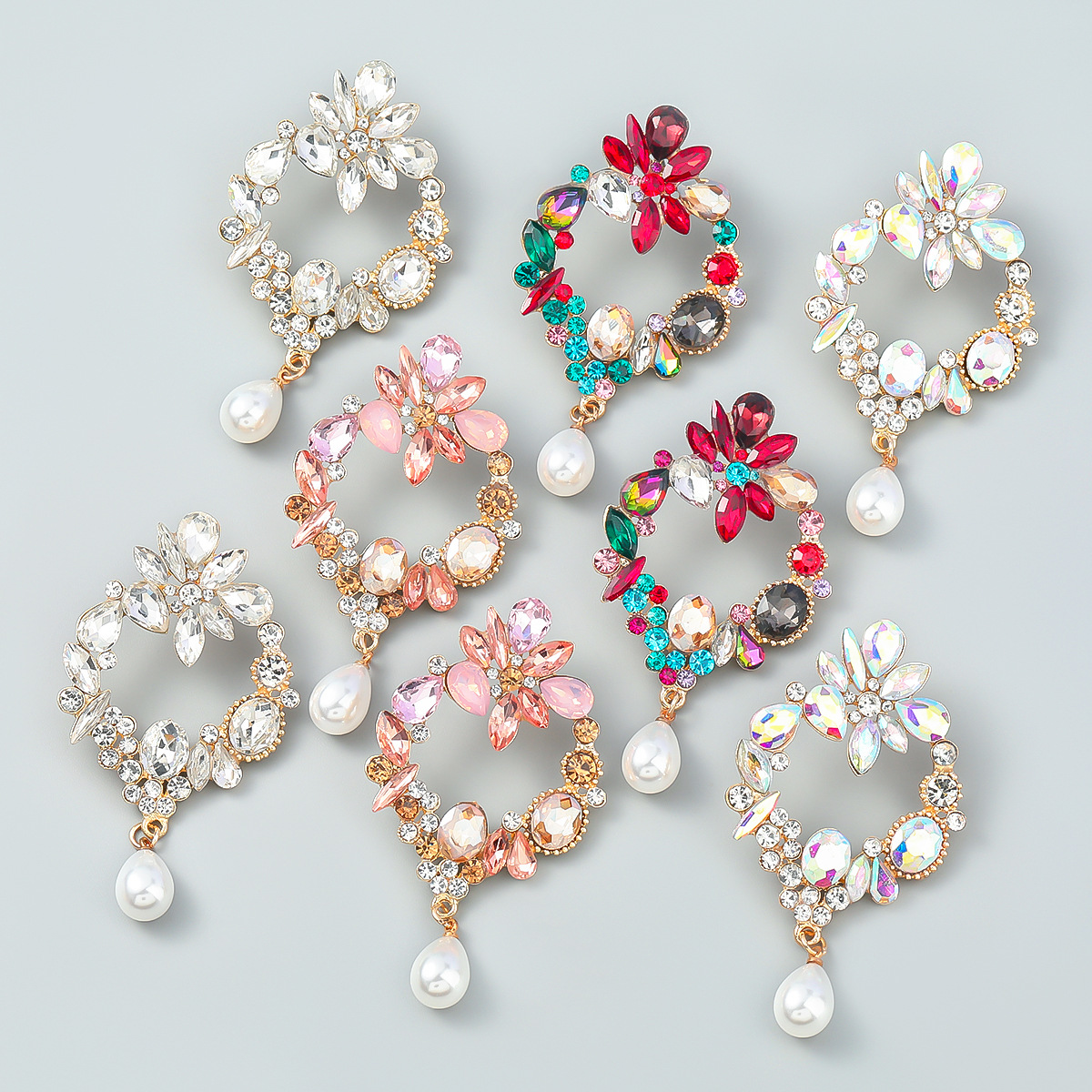 2022earrings時尚彩鑽系列合金鑲鑽幾何形花卉耳環潮女仿珍珠耳墜