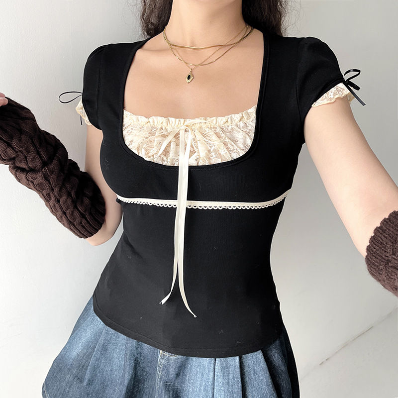 ins Amazon Women's Dress Contrast Lace Stitching Fake Two-piece Lace-up Top Sexy Low-cut Short-sleeved Pullover T-shirt