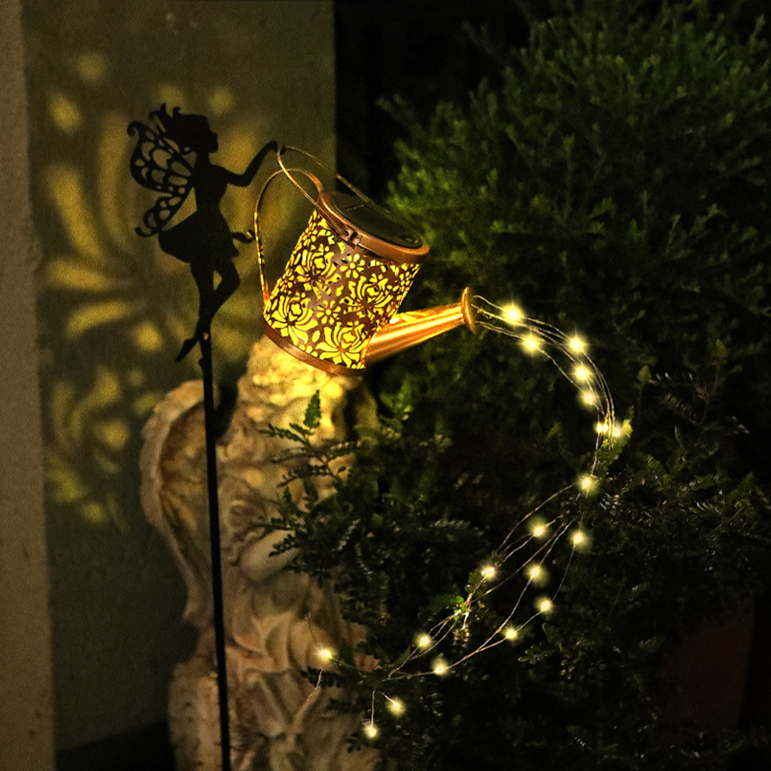 Amazon Solar Courtyard Angel Kettle Light Outdoor Landscape Light Iron Hollow Lawn Light Flower Fairy Kettle