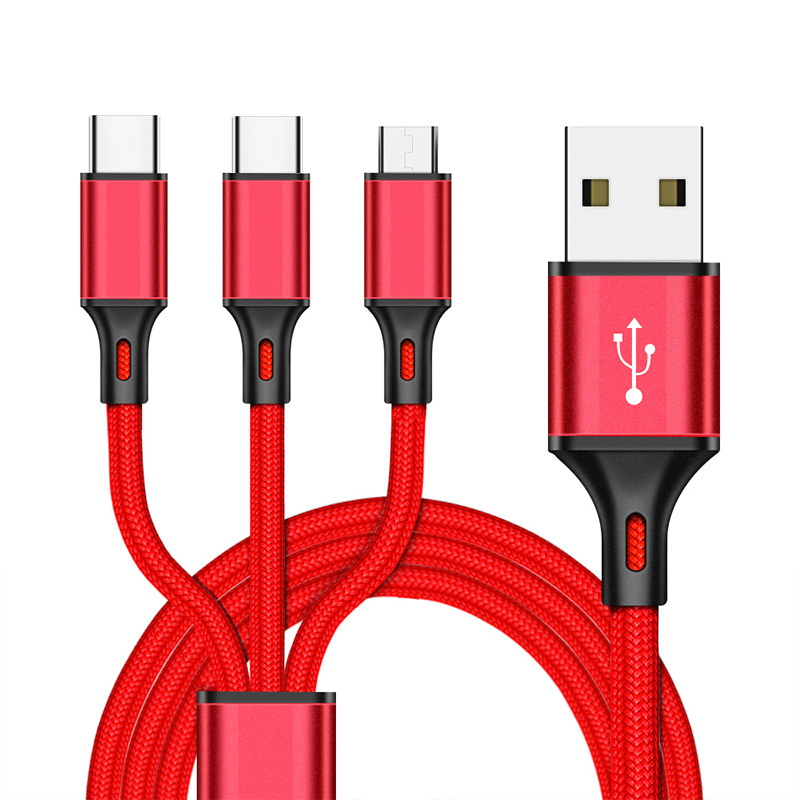 Car-mounted one-to-three nylon braided wire 6A fast charging three-in-one mobile phone data cable synchronous charging cable gift printing lo