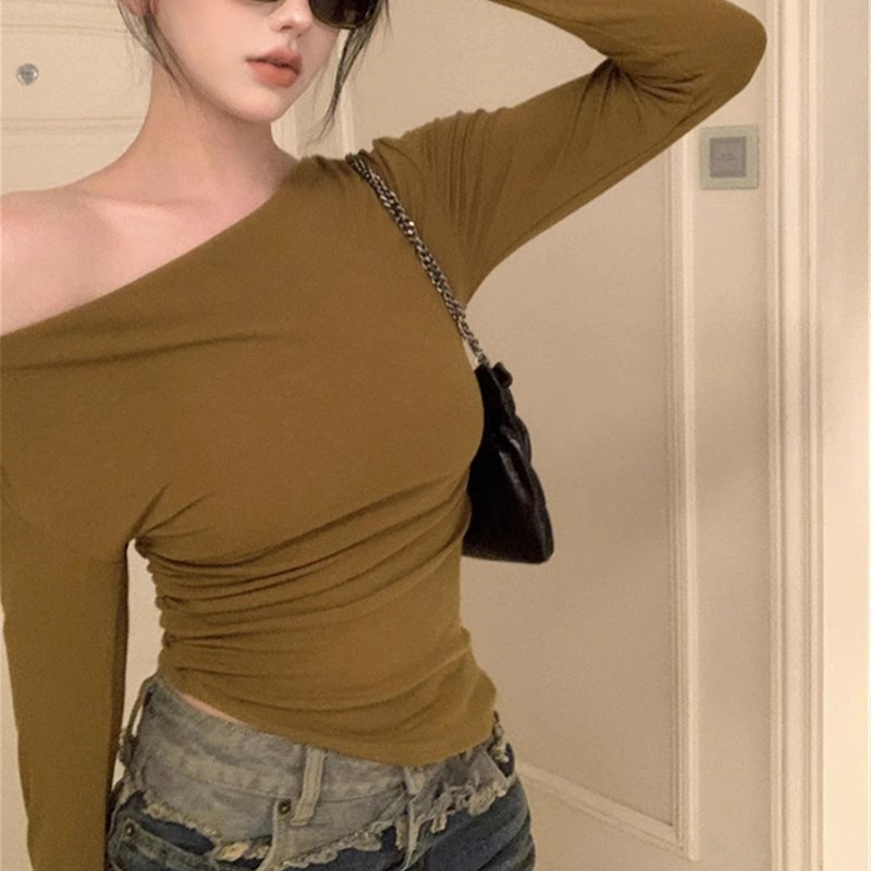 Spring and Autumn Spicy Girls One-Shoulder Long Sleeve T-shirt Women's Spring Slim Collarbone Irregular Design Niche Short Top