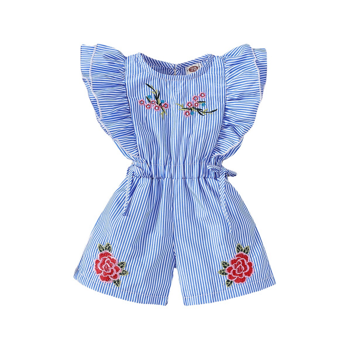  baby children's clothing summer baby striped jumpsuit girl's summer embroidered khaki climbing suit