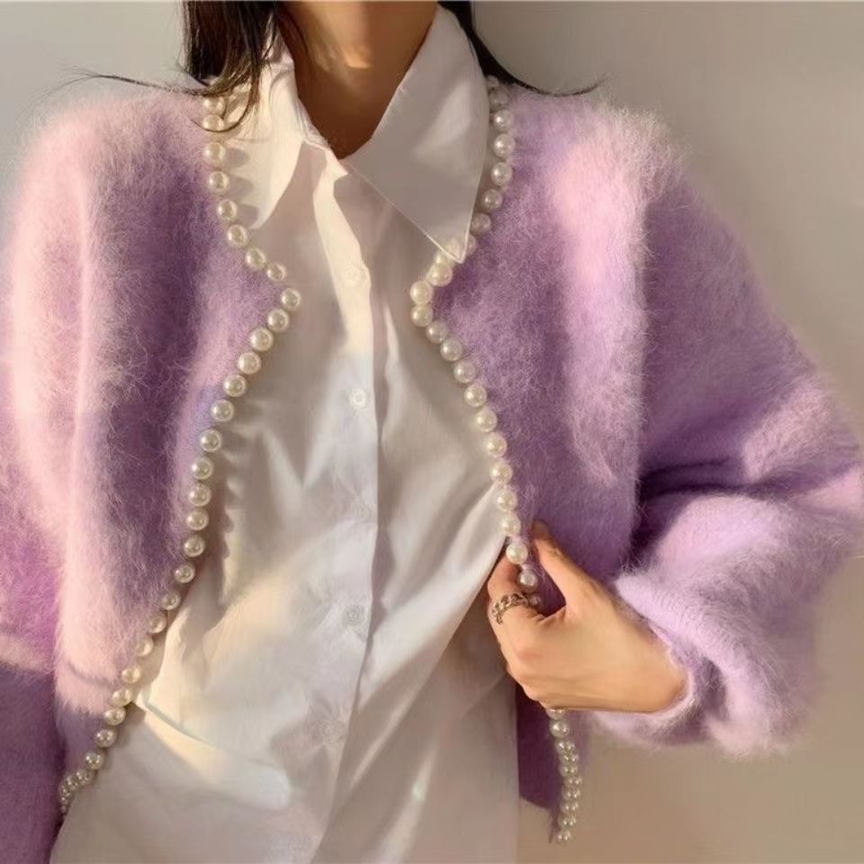 Spring and Autumn faux mink wool knitted top women's loose lazy style lantern sleeve beaded pearl Edge sweater coat cardigan