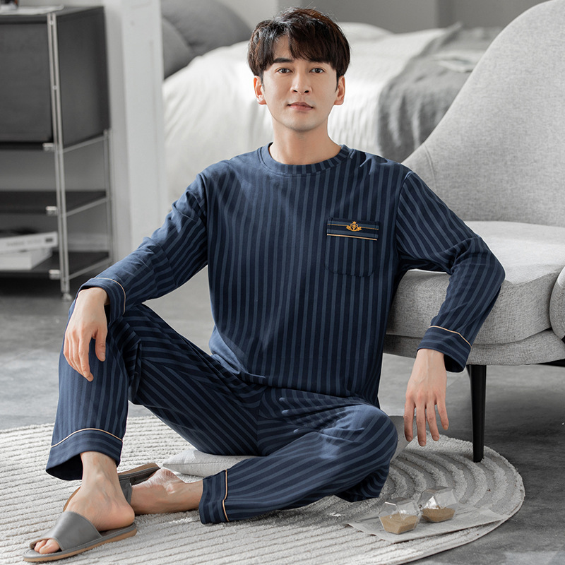 Pajamas Men's Spring and Autumn Long Sleeve Trousers Simple Home Wear Thin Cotton Men's Large Size Autumn and Winter Casual Suit