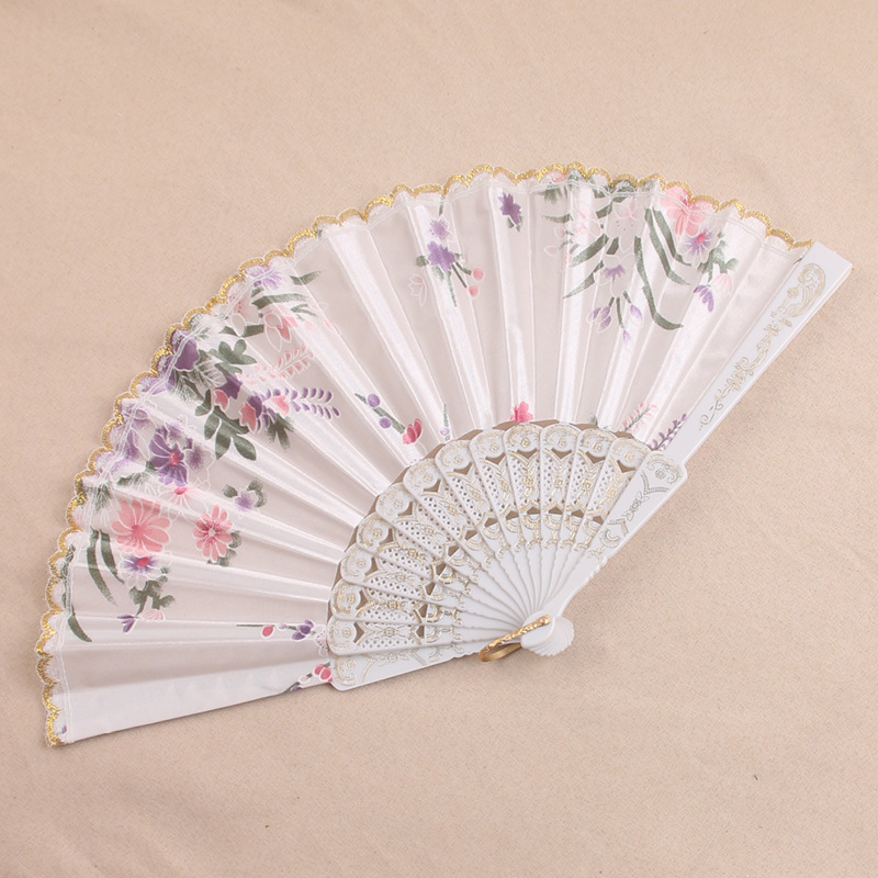 Silk cloth fan plastic fan lace folding fan satin fan floral hot stamping dance fan color factory direct sales