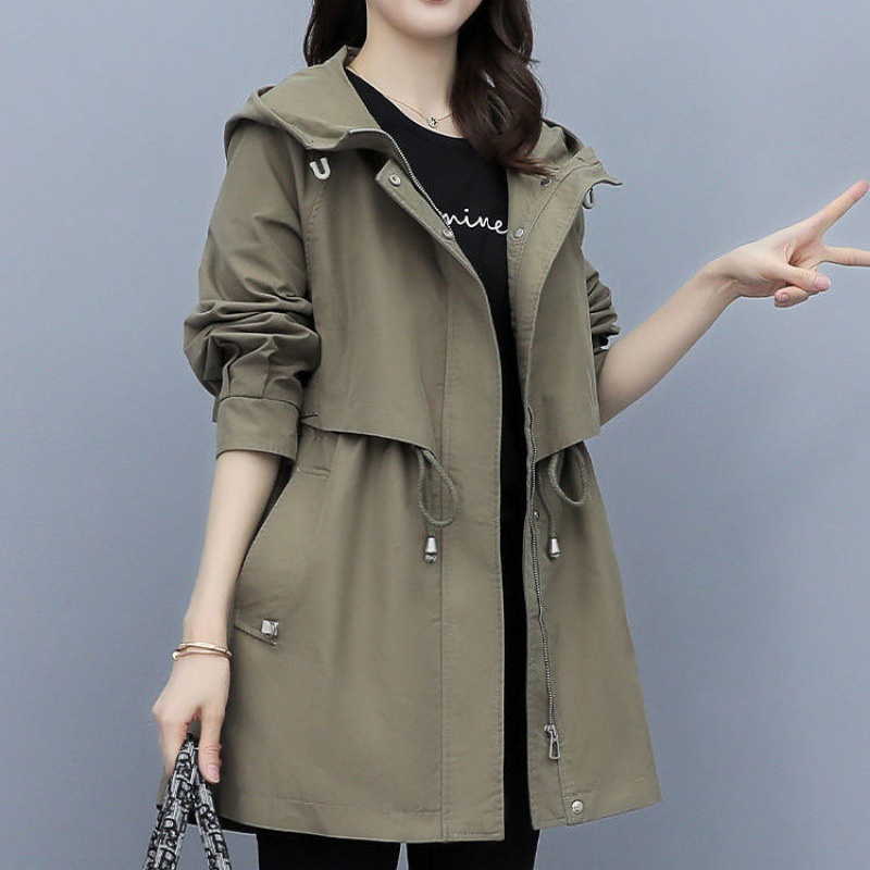 Workwear windbreaker Women's Mid-length 2023spring and autumn New loose casual fashion Army brown hooded coat fashion