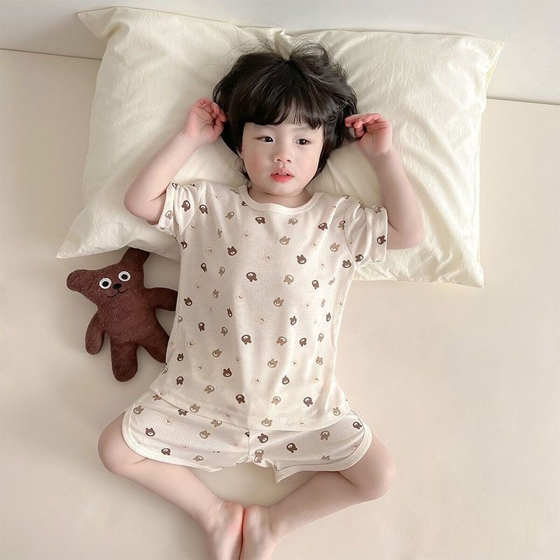 Boys and Girls Pajamas Summer New Ice Silk Thin Printed Home Clothes Baby Split Short Sleeve Pants Air-conditioning Clothes suit