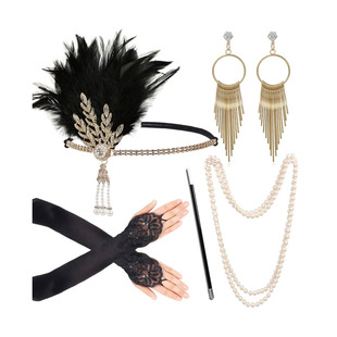 Gatsby Party Feather Alloy Headband Pearl Necklace Smoke Cigarette Gloves Set Retro Hepburn Dress Up Accessories