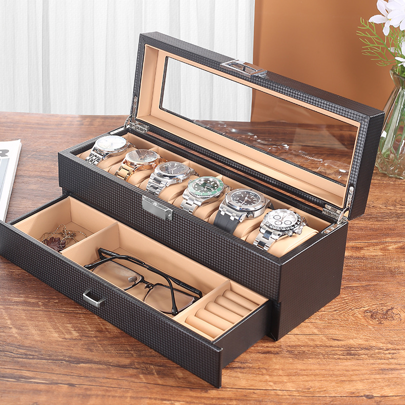 Watch Box Jewelry Carbon Fiber PU Double Layer 6 Table Storage Box Cufflink Box Multi-Purpose Storage Box Watch Storage Box