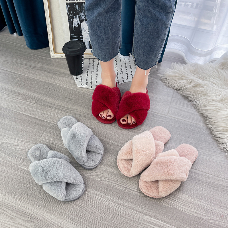 Amazon Large Size Fluffy Slippers Home Cross Open Toe Outwear Fluffy Slippers Women's Flat Cotton Slippers Warm Women's Shoes