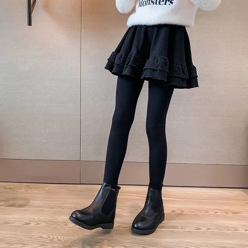 Girls' Spring and Autumn New Arrival Western Style Culottes Outer Wear New Arrival Children's Wear Winter Middle and Big Children's Fake Two-Piece Leggings fleece-lined