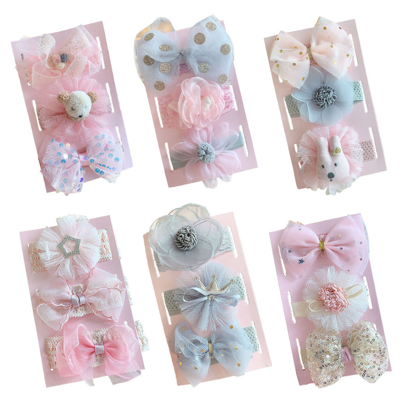 European and American bow flower hair band children's lace headdress flower hair accessories three-piece set baby baby hair accessories headband