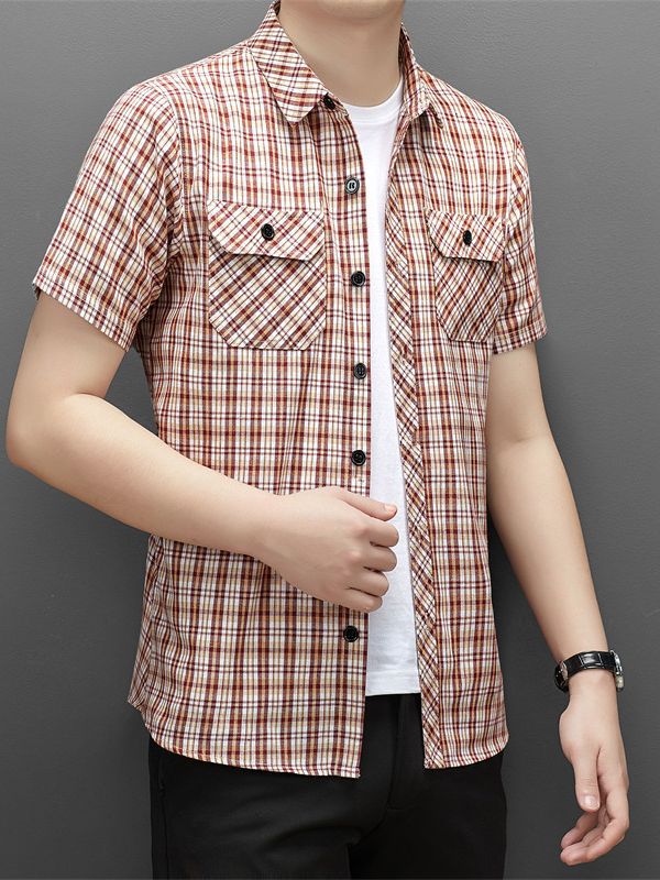 Casual Plaid Shirt Short-sleeved Men's Shirt Loose High-end Sense Men's Fashionable High-end Casual Shirt Pocket Men's Summer