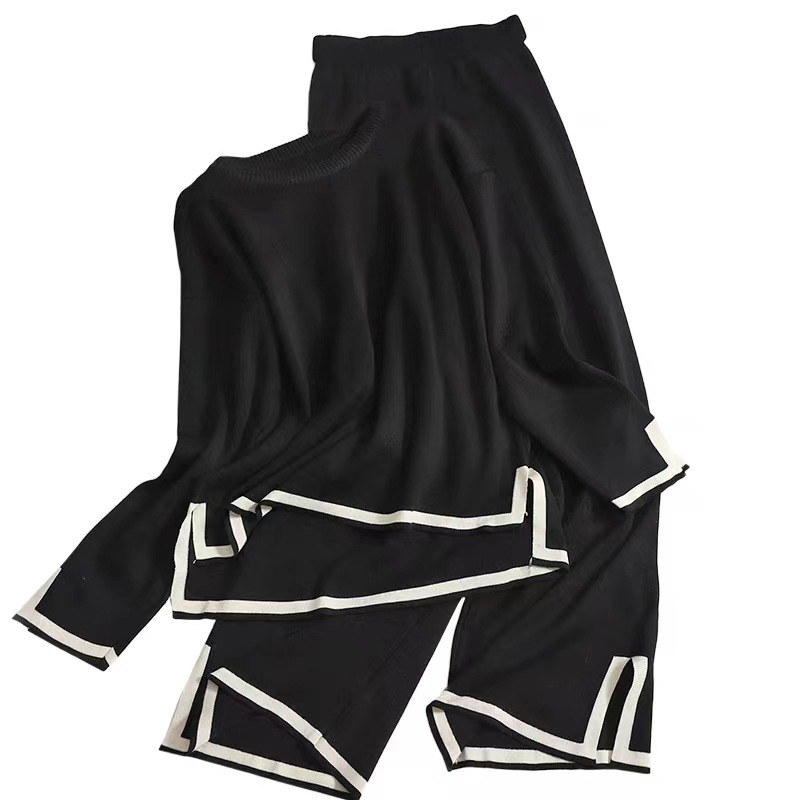 2024 autumn new temperament contrast color split long sleeve sweater high waist slim wide leg pants pants two-piece suit